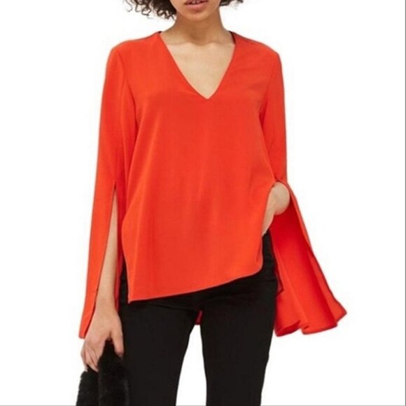 Topshop Periwinkle Slit Bell Sleeve Top VNeck Boxy Tunic Blouse Womens Size 8 - Picture 2 of 12